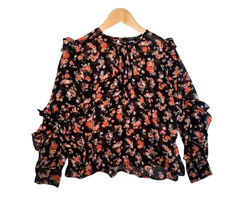 Lucky Brand Womens Black Floral Print Ruffled Long Sleeve Chiffon Blouse
